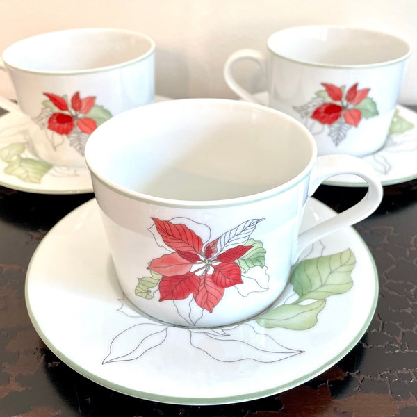 Vtg Block Spal Poinsettia Cup-and-Saucer Sets, Set of Three, Mary Lou Goertzen, Portugal, 1982