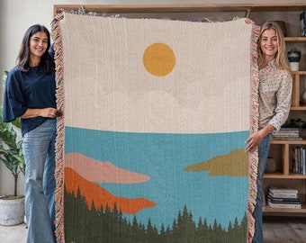 Boho Woven Blanket, Landscape Mountain Woven Cotton Throw Blanket, 3 sizes, Unique Tapestry Gift, Retro Style Aesthetic D02