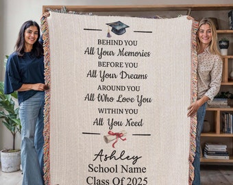 Personalized Graduation Cotton Throw Woven Blanket, Custom Name Tapestry Graduate Gift Class of 2025, Senior Grad Gifts for Her G01