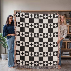 Geometric Checkered Woven Blanket, Black and White Woven Cotton Throw Blanket, 3 sizes, Christmas Gift, Retro Style Aesthetic Tapestry H03H