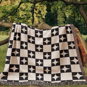 Checkered Woven Blanket, Geometric Black and White Woven Cotton Throw Blanket, 3 sizes, Christmas Gift, Retro Style Aesthetic Tapestry H04W
