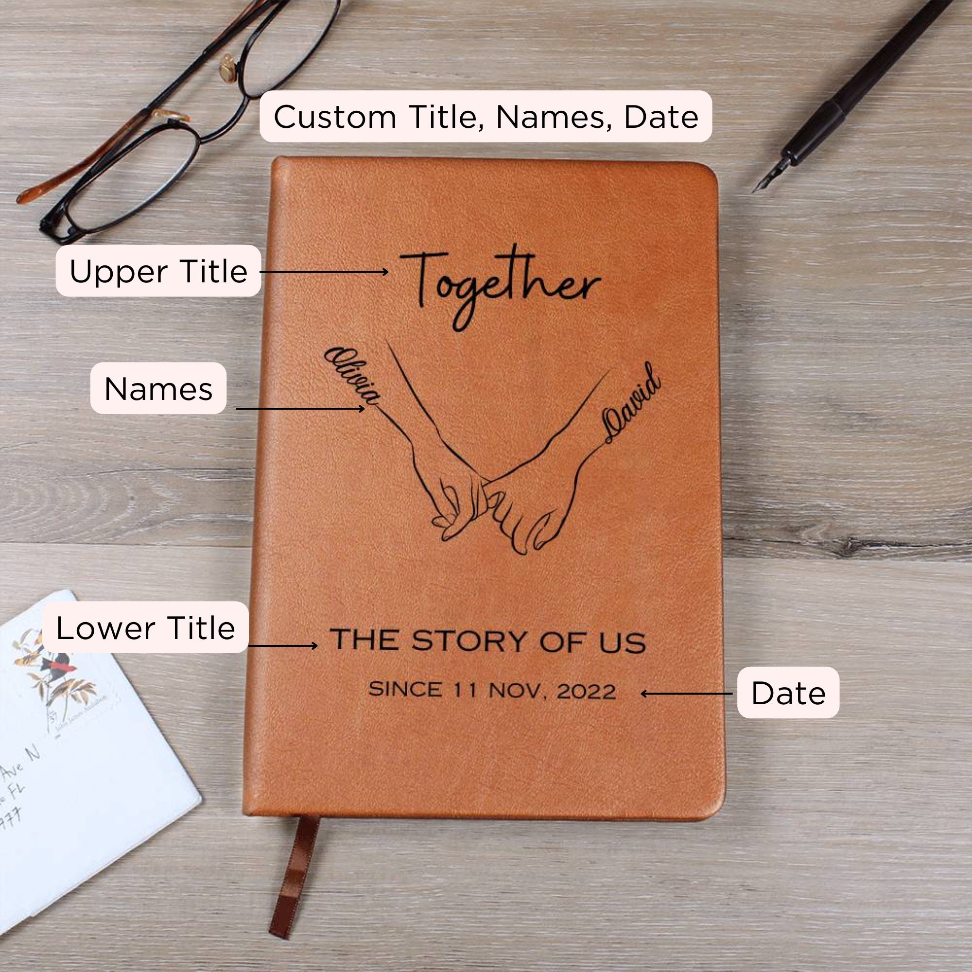 Personalized Couple&#39;s Journal Name Notebook, Custom Valentine&#39;s Journal, Customized A5 Vegan Leather, Gift for Wife or Husband, Anniversary