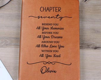 70th Birthday Gift Personalized Journal, 70 Years Old Custom Name Vegan Leather Notebook, Turning Seventy Gift for Sister Best Friend