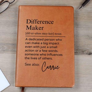Personalized Difference Maker Journal, Coworker Gifts for Women or Men, A5 Vegan Leather Lined Notebook, Appreciation Thank You Gift D01