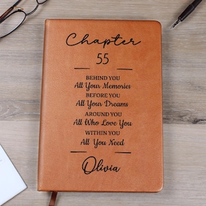 May include: A brown leather journal with the text "Chapter 55" and inspirational quotes. The journal includes the name "Olivia" at the bottom. A pen and glasses are visible in the background.