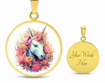 Unicorn Necklace, Gold or Silver Engraved Pendant, Personalized Magical Winged Pony Jewelry, Mythical Unicorn Gift For Her Women Girl D06