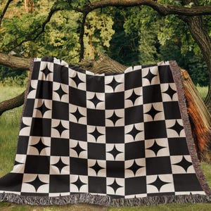 Checkered Woven Blanket, Geometric Black and White Woven Cotton Throw Blanket, 3 sizes, Christmas Gift, Retro Style Aesthetic Tapestry H04B