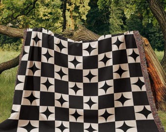 Checkered Woven Blanket, Geometric Black and White Woven Cotton Throw Blanket, 3 sizes, Christmas Gift, Retro Style Aesthetic Tapestry H04B