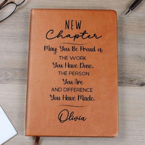 Personalized Retirement Gifts New Chapter Journal, Custom Name Notebook, A5 Vegan Leather Journal, New Beginnings, Farewell Gift D12
