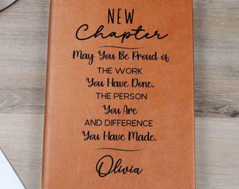 Personalized Retirement Gifts New Chapter Journal, Custom Name Notebook, A5 Vegan Leather Journal, New Beginnings, Farewell Gift D12