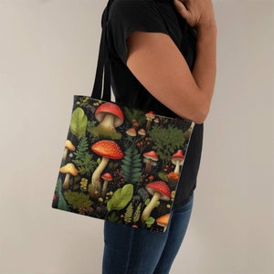 Cottagecore Witch Tote Bag, Cute Mushroom Shoulder Bags, Goblincore Dark Forest Bag, Witchy Mushroom Bag D01