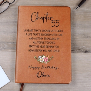 May include: A brown leather journal with the text "Chapter 55" and a birthday message. The cover features floral illustrations and the name "Olivia". The journal's message is a heartfelt birthday wish.