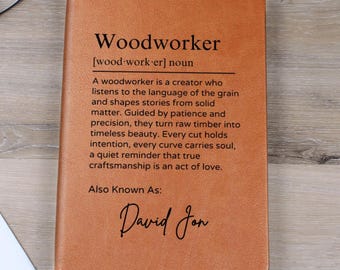 Gift for Woodworker Personalized Journal, Custom Name Vegan Leather Notebook, Unique Carpenter Woodworking Handyman Christmas Gifts Dad D02