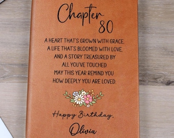 Diario personalizado para su 80.º cumpleaños, cuaderno de cuero vegano con nombre personalizado para 80 años, regalo para mamá, papá, amigo (V3)