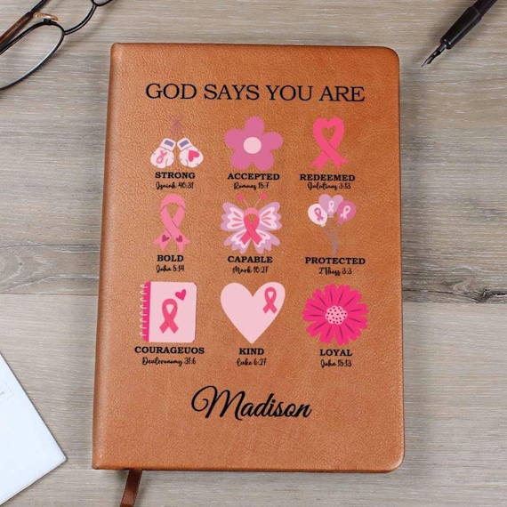 Personalized Breast Cancer Journal For Women- Positive Prayer Affirmations Notebook, Christian Gift, God Says You Are, Religious Gift D02