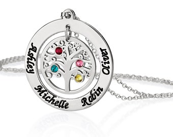 Engraved Names Birthstone Family Tree Necklace - Sterling Silver Birthstones Personalized Mother Necklace - Gift for her