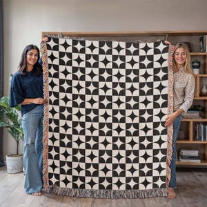 Checkered Woven Blanket, Black and White Geometric Woven Cotton Throw Blanket, 3 sizes, Christmas Gift, Retro Style Aesthetic Tapestry H03F
