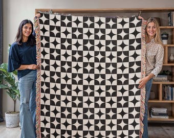 Checkered Woven Blanket, Black and White Geometric Woven Cotton Throw Blanket, 3 sizes, Christmas Gift, Retro Style Aesthetic Tapestry H03F