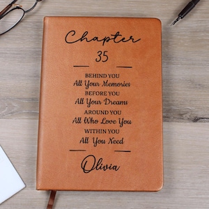 May include: A brown leather-bound journal with the text "Chapter 35" and inspirational quotes. The journal includes the name "Olivia" at the bottom. A pen and glasses are visible in the background.
