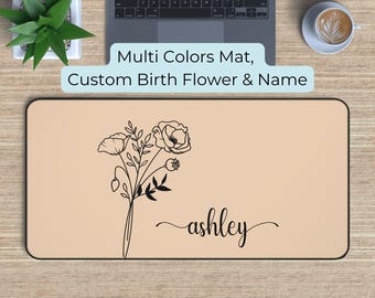 Birth Flower Custom Name Deskmat, Personalized Gaming Mouse Pad Large Mousepad, Stitched Edges, Boho Handwriting Name Desk Mat Pad