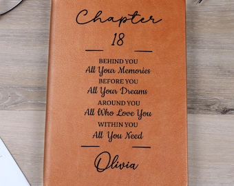 Puede incluir: Un diario de cuero marrón con el texto "Chapter 18" y citas inspiradoras. El nombre "Olivia" está en la parte inferior. El diario tiene un marcador de cinta y está sobre una superficie de madera.