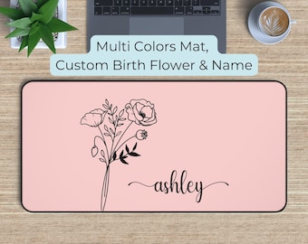 Personalized Birth Flower Name Desk mat, Custom Gaming Mouse Pad Large Mousepad, Stitched Edges, Boho Handwriting Desk Mat Birthday Gift