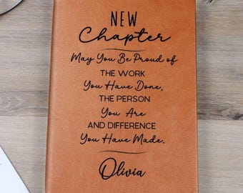 Retirement Gifts, Personalized New Chapter Journal, Custom Name Notebook, A5 Vegan Leather Journal, New Beginnings, Farewell Gift D13