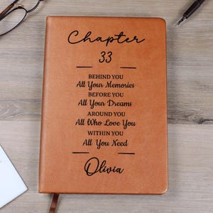 May include: A tan leather journal with the text "Chapter 33" and inspirational quotes. The name "Olivia" is at the bottom. A bookmark is visible. The journal is on a wooden surface.