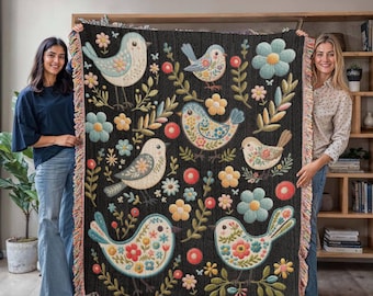 Birds Folk Art Woven Blanket, Floral Woven Cotton Throw Blanket, 3 sizes, Christmas Gift Tapestry for Mom, Grandma, Scandinavian Animal Art