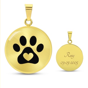 Pet Memorial Gift Bereavement Personalized, Silver or Gold Necklace with Paw Art and Custom Back Engraving, Pet Loss Jewelry, Dog Memorial