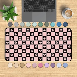Checkered Aesthetic Paw Desk Mat, Custom Gaming Mouse Pad Large Mousepad, Stitched Edges, Gift for Cat Dog Mom DeskMat Pad-20 Colors-4 Sizes