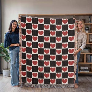 Checkered Heart Woven Blanket, Valentines Woven Cotton Throw Blanket, 3 sizes, Anniversary Gift, Bedroom Decor Boho Aesthetic Tapestry H05