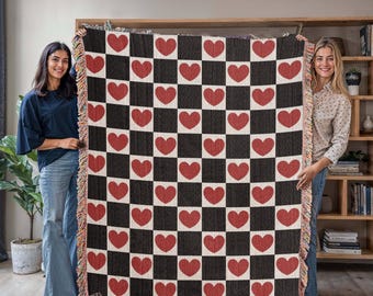 Checkered Heart Woven Blanket, Valentines Woven Cotton Throw Blanket, 3 sizes, Anniversary Gift, Bedroom Decor Boho Aesthetic Tapestry H05