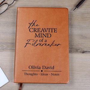 Diario personalizado de regalo para cineastas, cuaderno de cuero vegano con nombre personalizado, regalo para profesores de cine, estudiantes, directores, productores, equipo, amantes del cine C04