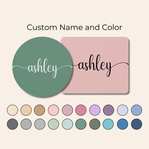 May include: A customizable name tag with the name "ashley" in a white cursive font on a green circle and a pink square. A color palette of 20 different colors is shown below the name tags.