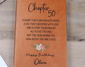 50th Birthday Gift for Her Personalized Journal, 50 Years Old Custom Name Vegan Leather Notebook, Turning Fifty Gift for Mom Dad Friend V3