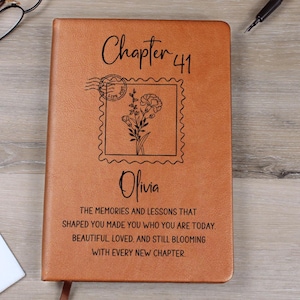Puede incluir: Un diario de cuero marrón con el texto "Chapter 41" y el nombre "Olivia" se muestra. El diario presenta un diseño floral dentro de un marco de sello postal. El texto de abajo dice: "THE MEMORIES AND LESSONS THAT SHAPED YOU..."