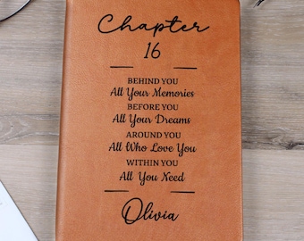 Puede incluir: Un diario de cuero marrón con el texto "Chapter 16" y citas inspiradoras. El diario incluye el nombre "Olivia" en la parte inferior. Se ve una marca de libro. El diario está sobre una superficie de madera.