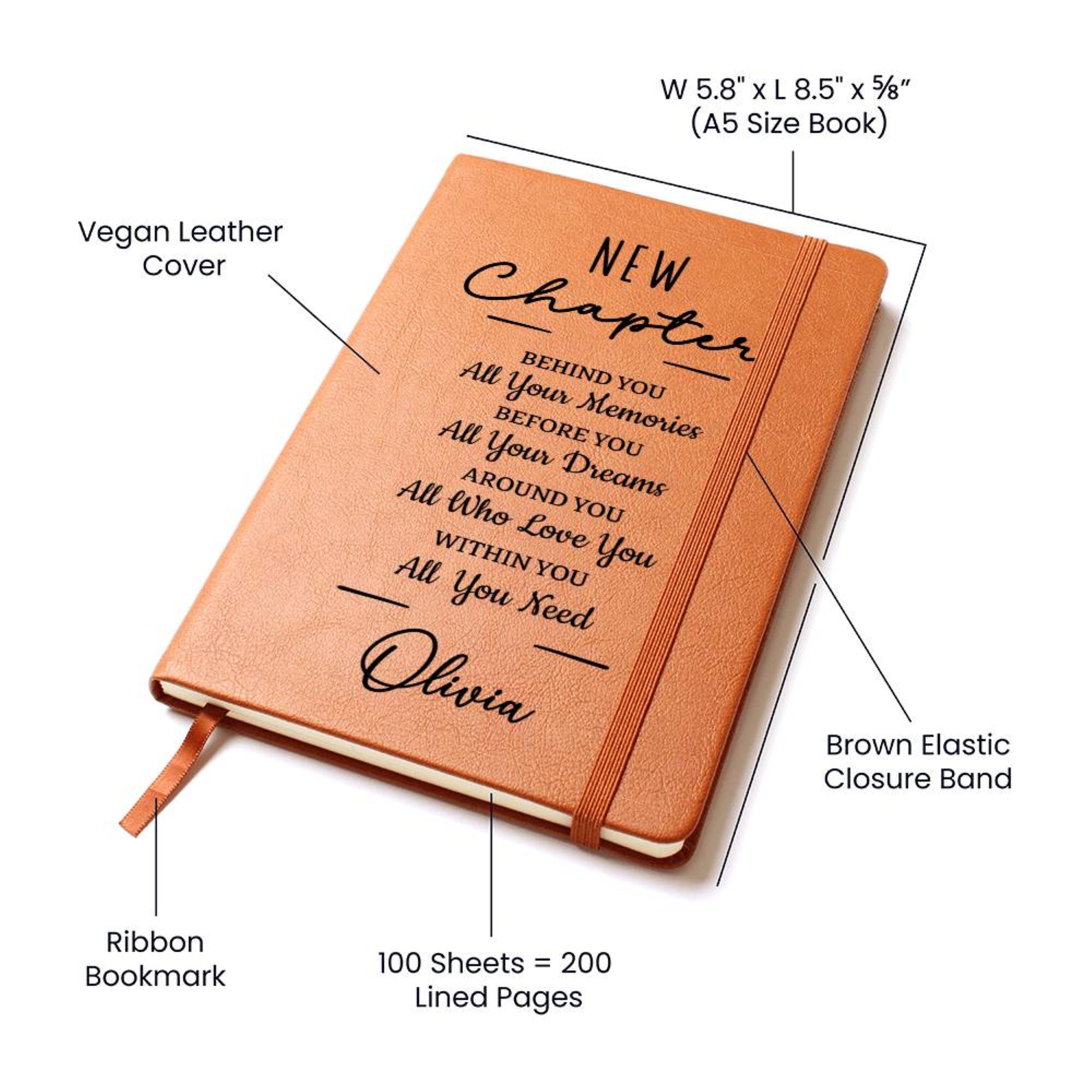Personalized New Chapter Journal, Custom Name Notebook, A5 Vegan Leather Journal, Retirement Gift, New Beginnings, Coworker Gift D01