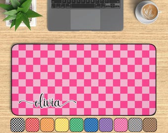 Checkered Aesthetic Desk Mat, Personalized Gaming Mouse Pad Large Mousepad, Stitched Edges, Handwriting Name Desk Mat Pad-10 Colors-4 Sizes