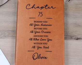 75th Birthday Gift Personalized Journal, 75 Years Old Custom Name Vegan Leather Notebook, Turning Seventy-Five Gift for Sister Best Friend