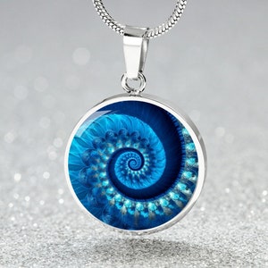 Fibonacci Spiral Fractal Sacred Geometry Necklace, Fibonacci Jewelry, Fibonacci Spiral Art Pendant,Silver or Gold,Gift for Her, Blue D04