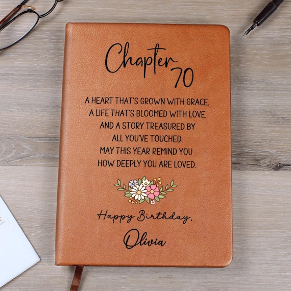 70th Birthday Gift for Her Personalized Journal, 70 Years Old Custom Name Vegan Leather Notebook, Turning Seventy Gift for Mom Dad Friend V3