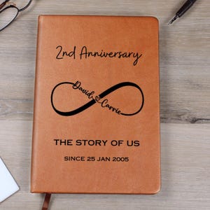 2nd Anniversary Gift Personalized Couple Journal, Custom Name Notebook, A5 Vegan Leather, Wedding Day Keepsake Gifts for Wife or Husband