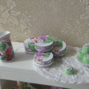 Dollhouse Cream Tins / Wipes Tropical Flowers Collection. 1:12 Miniature  for Dollhouses. Children perfumery for dollhouse Miniature.