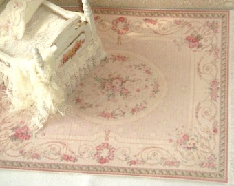 Dollhouse Aubusson rug. 1:12 Dollhouse miniature rugs.  Dense fringle.