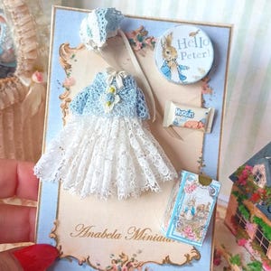 Può includere: Set di abbigliamento per bambole in miniatura con giacca e cappello all'uncinetto blu, abbinati a un vestito di pizzo bianco. Include un bottone "Hello Peter!", un piccolo pacchetto di pannolini e una scatola in miniatura con un'illustrazione di coniglietto. La carta recita "Anabela Miniatures".