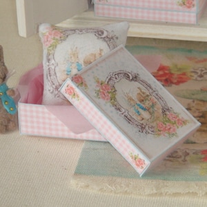 Dollhouse Peter Rabbit Pillow in gift box. 1:12 Miniature Peter Rabbit collection.