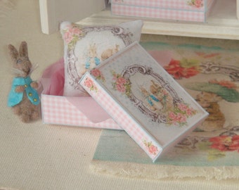 Dollhouse Peter Rabbit Pillow in gift box. 1:12 Miniature Peter Rabbit collection.