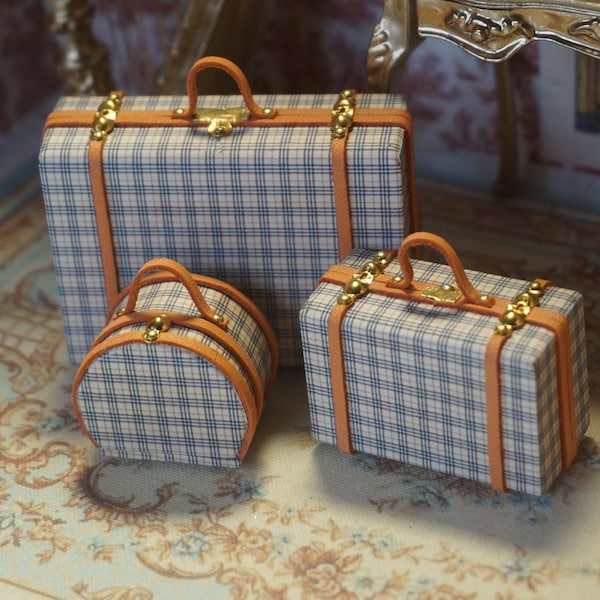 NEW**Dollhouse Miniature deluxe suitcase set. Three Miniature luggage suitcases for dollhouses. 1:12 Miniature luggage Miniature collector.